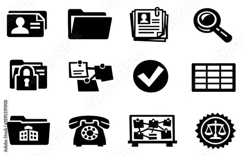 News Gathering and Investigation in bold style: source contact card, document folder, evidence paper stack, magnifying glass, confidential lock, timeline notes. Vector icons