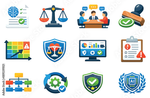 Governance, accountability, and regulation vector icons in flat style: AI policy document, regulatory scale, oversight committee table, compliance stamp, risk. Vector icons