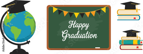 Happy graduation education illustration with globe, chalkboard message, books, and graduation caps, academic success celebration theme, school learning concept, flat vector design