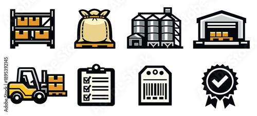Food storage and warehousing in bold style: storage rack, bulk sack, grain silo, loading dock, forklift, stock checklist, batch label, quality seal. Vector icons