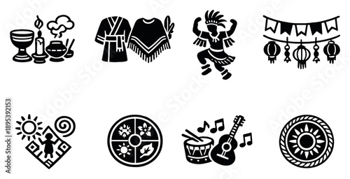 Traditions and customs in outline style: ceremonial objects, traditional clothing silhouettes, ritual dance figure, festive decorations, ancestral symbols. Vector icons