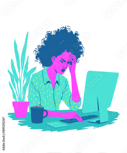 Stressed Woman Working on Laptop Illustration Representing Burnout and Mental Fatigue