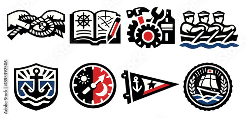 Seafaring skills and traditions in bold style: knot tying hands, maritime logbook, ship maintenance tools, crew teamwork icon, seamanship badge, watch rotation. Vector icons