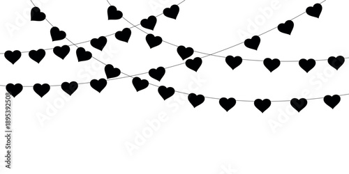 Black heart bunting garland vector illustration on white background. Hanging decorative love strings for Valentine's Day, wedding, or party design.