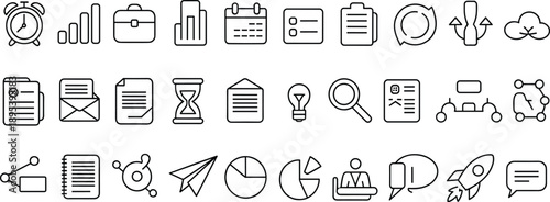 Business productivity icons, communication tools, workflow symbols, line art vector, data visualization, teamwork, planning, management, startup launch, organization, efficiency, strategy