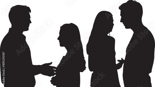 Silhouettes of four people in conversation on white background