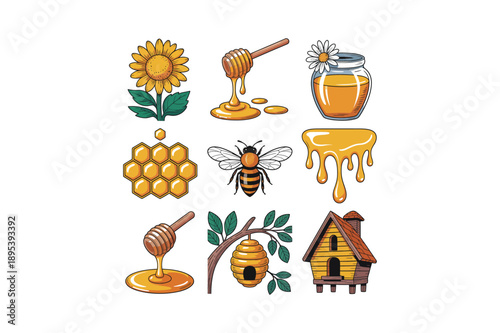 Collection of honey and beekeeping related illustrations on white background bee beehive sunflower