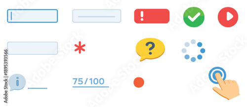 User Interaction and States in flat style: focused input outline, placeholder text, error message label, success validation checkmark, disabled field, required. Vector icons