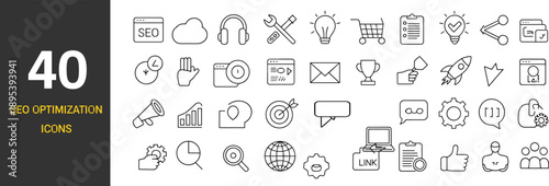 SEO optimization icons, digital marketing symbols, line art style, minimalist vector graphics, analytics, keyword research, website performance, content strategy, user engagement, online visibility