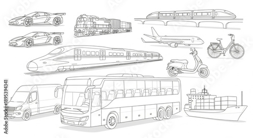 Collection of Transportation Vehicles Line Art Style.