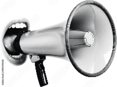 Woman mouth shouting into megaphone retro pixel art and halftone dots effect vector illustration