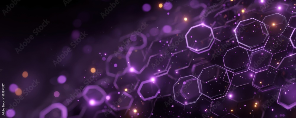 Fototapeta premium Futuristic purple hexagon background with glowing lights and digital network theme for tech projects stock