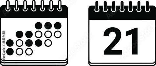 Calendar icon silhouette set showing date reminder and schedule concept, black planner symbols for time management, event planning and business organization isolated on white background