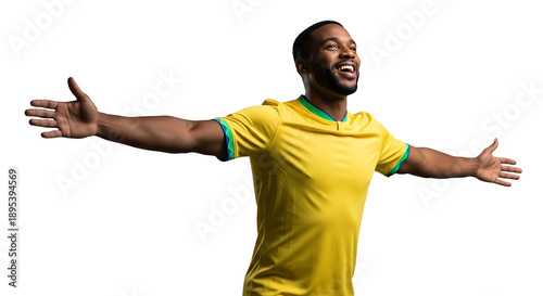 A smiling dark-skinned male soccer player celebrates a goal or victory with wide open arms. Brazilian soccer player celebrating 2026 soccer world championship. Transparent background