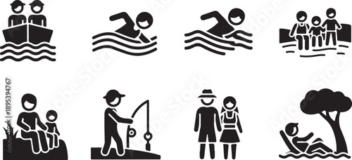Summer recreation and leisure icons with people enjoying water activities and relaxation