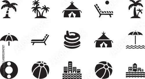 Collection of black summer, beach, and travel vector icons for web and mobile design