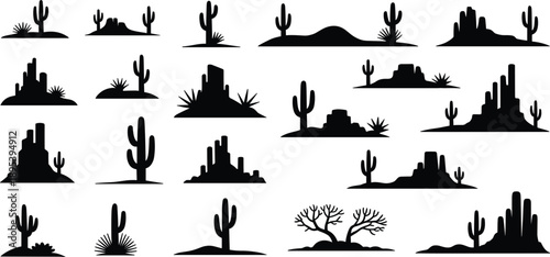 Black Silhouette Desert Landscape Elements with Cacti and Rock Formations cactus saguaro