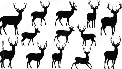 Collection Of Black Silhouette Deer With Antlers In Various Poses stag buck