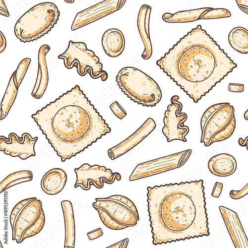 Traditional Italian pasta seamless pattern. Vector drawing. Italian food. Staple food. Hand drawn vector illustration. Design for packaging, menu.