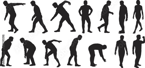 Collection of Male Silhouettes in Various Poses and Actions Keywords: male, silhouette, man, person, human, figure, shape, form