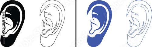 human ear anatomy icon isolated on white background, black and blue vector illustration of outer ear for medical, hearing, and audiology concepts.