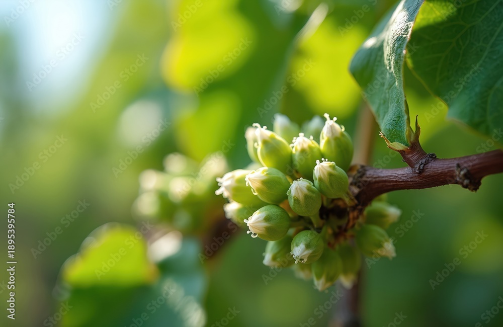Obraz premium Grapevine shoots with unopened flower buds bloom in spring sunlit vineyard. Young green plant starts growing, forming future grape bunches on vine branch. Nature farm season.