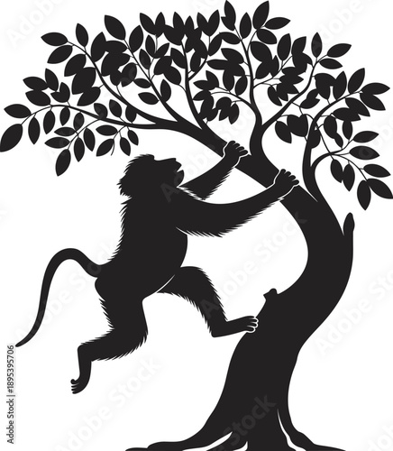 Artistic black silhouette of a baboon ascending a tree, its limbs stretched to grasp branches, creating a striking visual of a primate's agility in nature