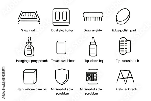 Bottle bin care spray hanging icon tray buffer shoe vector scrubber pouch