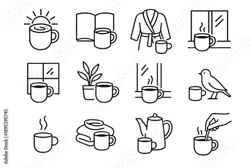 Minimalist gentle coffee icons early icon open vector mug ceramic sill bird