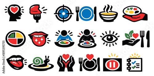 Mindful Eating Awareness in bold style: eating mindfulness, slow bite, focus symbol, plate icon, food aroma, portion control, mindful eating plate, taste. Vector icons