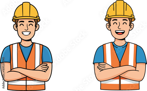 Two happy construction workers in safety vests and hard hats with arms crossed