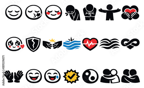 Serenade Emotion and Expression in bold style: closed eyes smile, heartfelt sigh, blushing face, gentle bow, open arms, gratitude heart, longing gaze. Vector icons