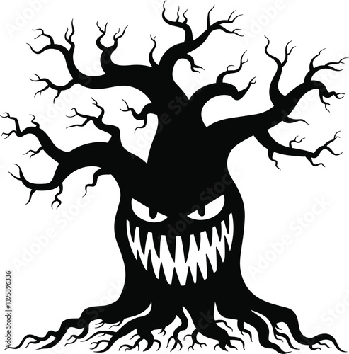 Eerie black silhouette of a twisted, ancient tree with a monstrous face, sharp teeth, and glowing eyes, embodying a haunted forest spirit for Halloween