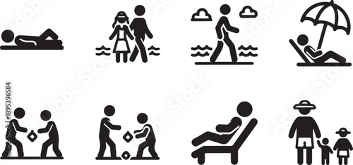 A collection of diverse icons depicting leisure, beach, and family vacation activities