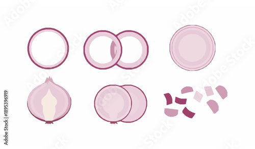 Minimal red onion slices and rings flat vector set