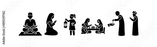 Muslim people religious traditions icons for Ramadan infographics.