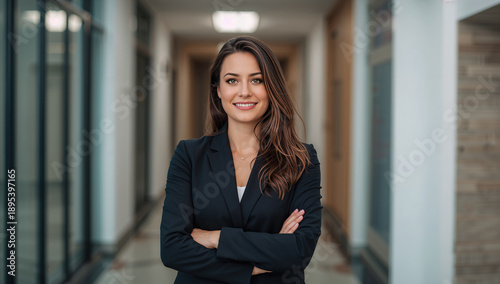 Retrato business de mujer con traje oscuro y cabello largo, brazos cruzados, pasillo de empresa desenfocado y estética corporativa