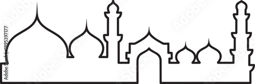 Islamic architecture skyline outline with dome and minaret elements for religious design