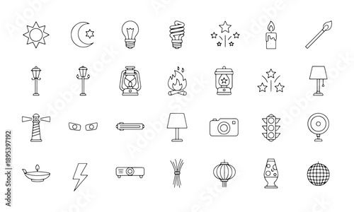 Outline light source icons for digital interface design.
