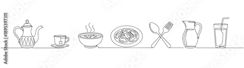 Continuous line kitchenware icons for restaurant menu design