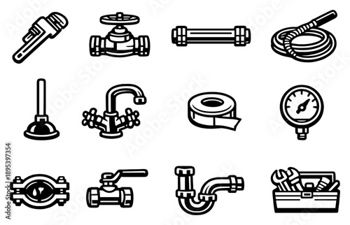Plumbing Repair Services in outline style: pipe wrench, adjustable valve, water pipe, drain snake, plunger, faucet fixture, seal tape roll, pressure gauge, leak. Vector icons