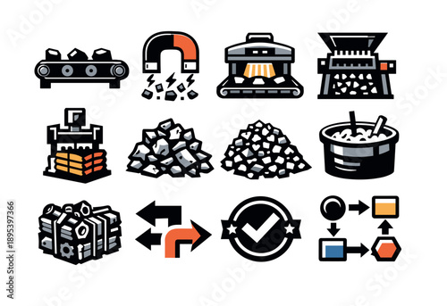 Material Sorting and Processing in bold style: sorting belt, magnetic separator, optical scanner, shredding machine, baling press, crushed glass pile, plastic. Vector icons