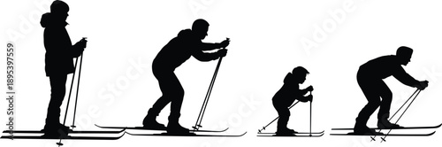 Silhouettes of four individuals engaged in cross-country skiing demonstrating different stances and skill levels on a white background