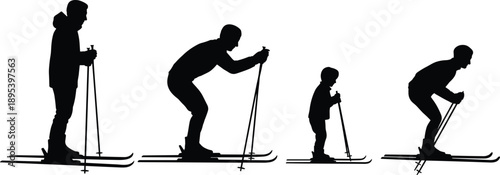 Silhouettes of four individuals including a child and adults in different skiing stances with poles on a white background