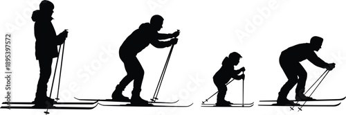 Silhouettes of four individuals including a child and adults in different skiing stances with poles on a white background