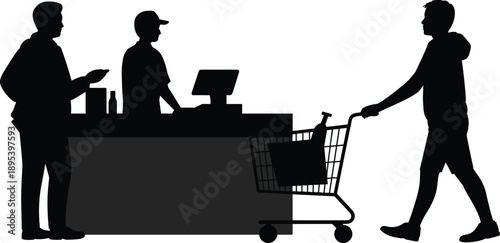 Silhouettes of individuals at a supermarket checkout with a shopper pushing a cart containing groceries and a cashier serving