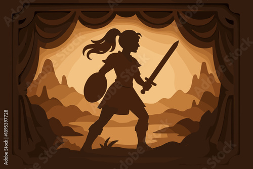 Heroic silhouette of a warrior woman with a sword and shield against a dramatic landscape