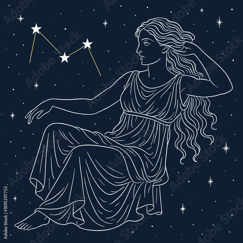 Elegant illustration of a woman with flowing hair and stars in a night sky representing a constellation