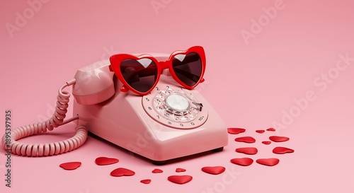 Pink rotary phone with heart-shaped sunglasses and scattered heart shapes on pink background