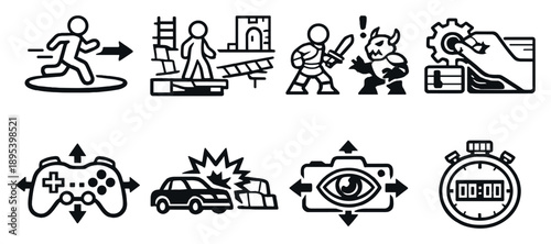 Gameplay testing activities in outline style: character movement test, level navigation, combat interaction, puzzle mechanics, input response icon, collision. Vector icons